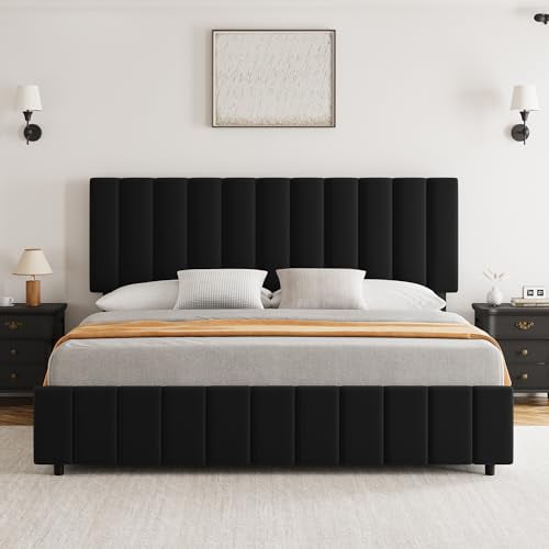 Kselythan Full/King/Queen Size Platform Bed Frame,Upholstered Bed Frame with 4 Storage Drawers and Adjustable Headboard, Linen Upholstered, No Box Spring Needed, Noise Free, Easy Assembly, Grey