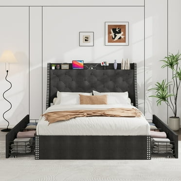 Kselythan Full Size Bed Frame with 4 Storage Drawers & Charging Station,Upholstered Platform Bed with Button Tufted Wingback Storage Headboard,Wooden Slats Support,No Box Spring Needed,Easy Assembly