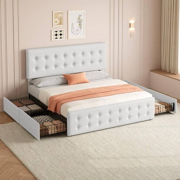 Kselythan Full Size Bed Frame with 4 Storage Drawers and Headboard, Linen Upholstered Platform Bed Frame with Wooden Slats Support, Button Tufted Design, No Box Spring Needed