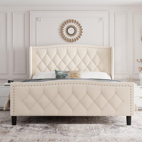Kselythan Full Size Bed Frame, Velvet Upholstered Platform Bed with Wingback Headboard, Wooden Slat Support, No Box Spring Needed, Easy Assembly