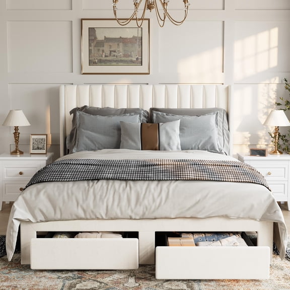 Kselythan Full Velvet Upholstered Bed Frame, Tufted Wingback Headboard Platform Bed with Storage Drawers, Wood Slats, No Box Spring Needed for Bedroom