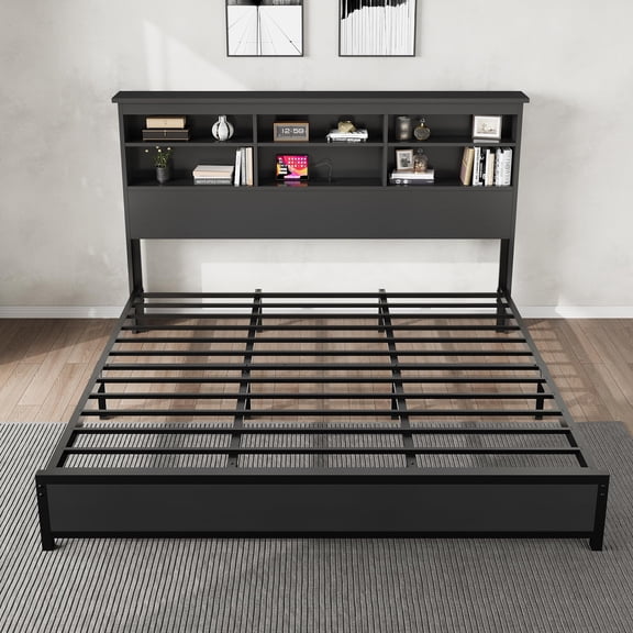 Kselythan Heavy-Duty Queen Wooden Bed Frame with 2-Tier Bookcase Storage Headboard, Multi-Port Charging Station Platform Bed with Underbed Storage, Silent Easy Assembly for Bedroom Apartment