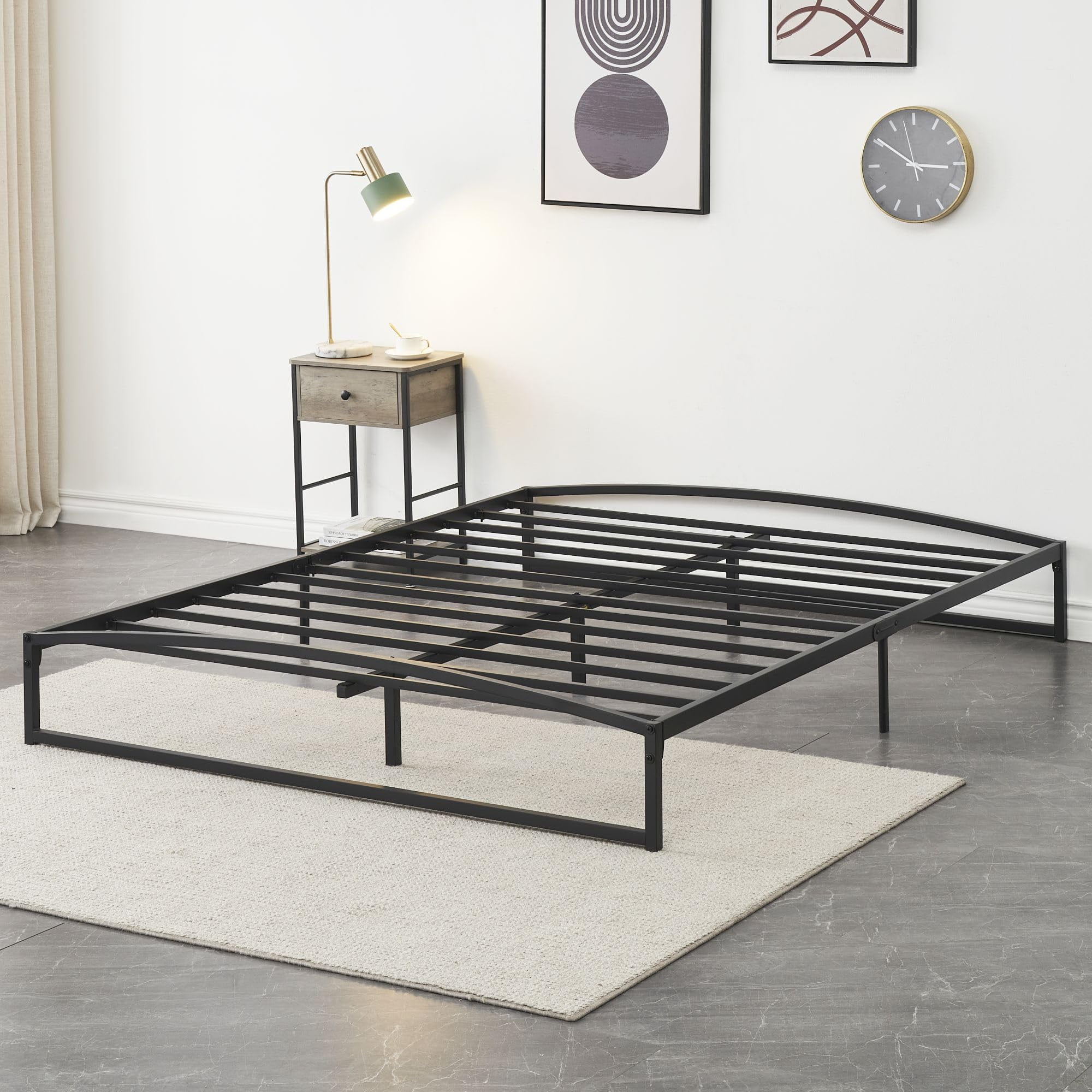 Black Queen Metal Platform Bed Frame with Steel Slat Support