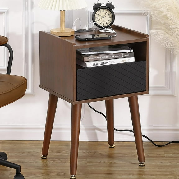 Kselythan Mid Century Modern Nightstand Side Table with Charging Station,Bedside Tables with Drawer,End Table with 2 Tiers Storage Space,Living Room Bedroom Bedside End Table
