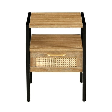 Kselythan Modern Rattan Nightstand Set of 1 End Table Bedside Table Rattan Side Table With Handmade Natural Rattan Decorative Door Open Shelf Metal Legs For Living Room Bedroom