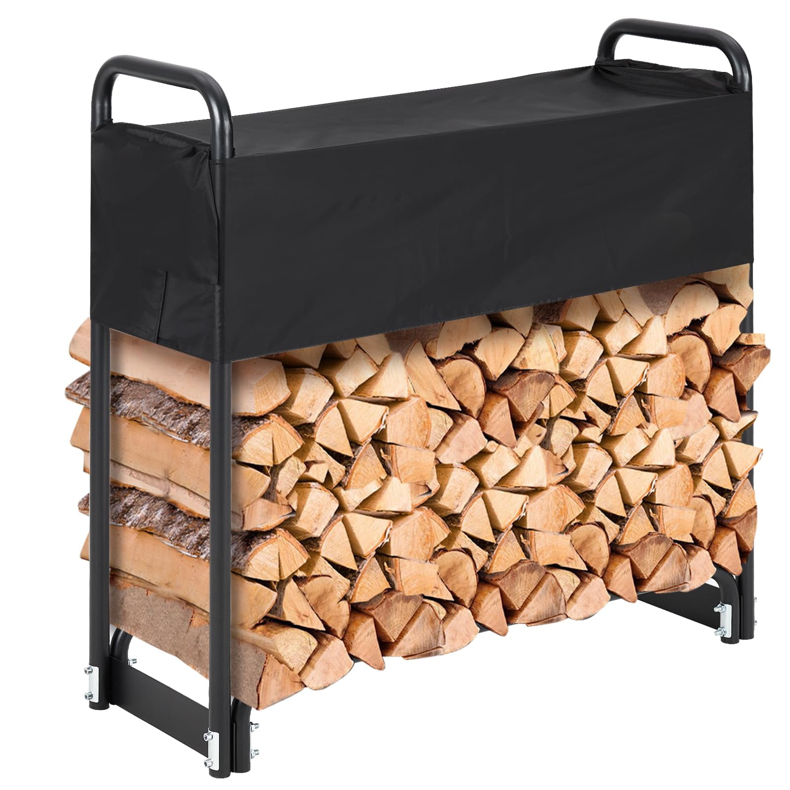 4ft Black Steel Firewood Rack with Weather-Resistant Cover