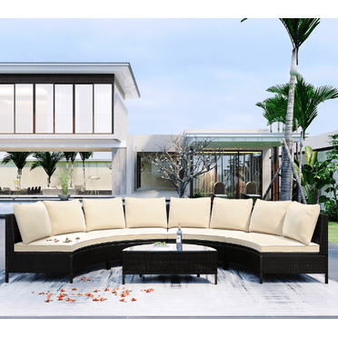 Kselythan Outdoor Patio Furniture Set Of 5,Half Moon Outdoor Sectional Sofa Set, PE Rattan Sofa With Tempered Glass Table & 4pcs 2-Person Couches, 4 Cushions And 8 Pillows,For Garden, Backyard