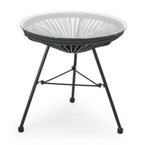 Kselythan Patio Glass End Table, Small Round Side Table With Round Tempered Glass Top Modern Rattan Woven Coffee Table For Garden Backyard