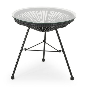 Kselythan Patio Glass End Table, Small Round Side Table With Round Tempered Glass Top Modern Rattan Woven Coffee Table For Garden Backyard