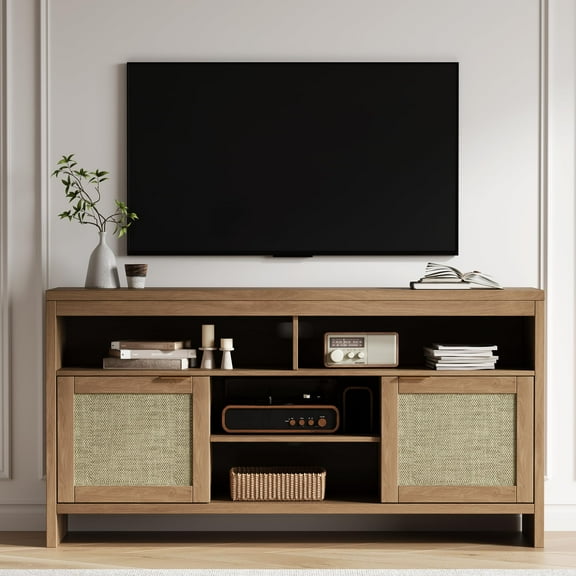 Kselythan Rattan TV Stand with Storage Place for Living Room,Entertainment Center with Shelf,Brown TV Console Cabinet,58" Media Console for 45 55 65" TV,30" Tall Oak Wood Television Stands