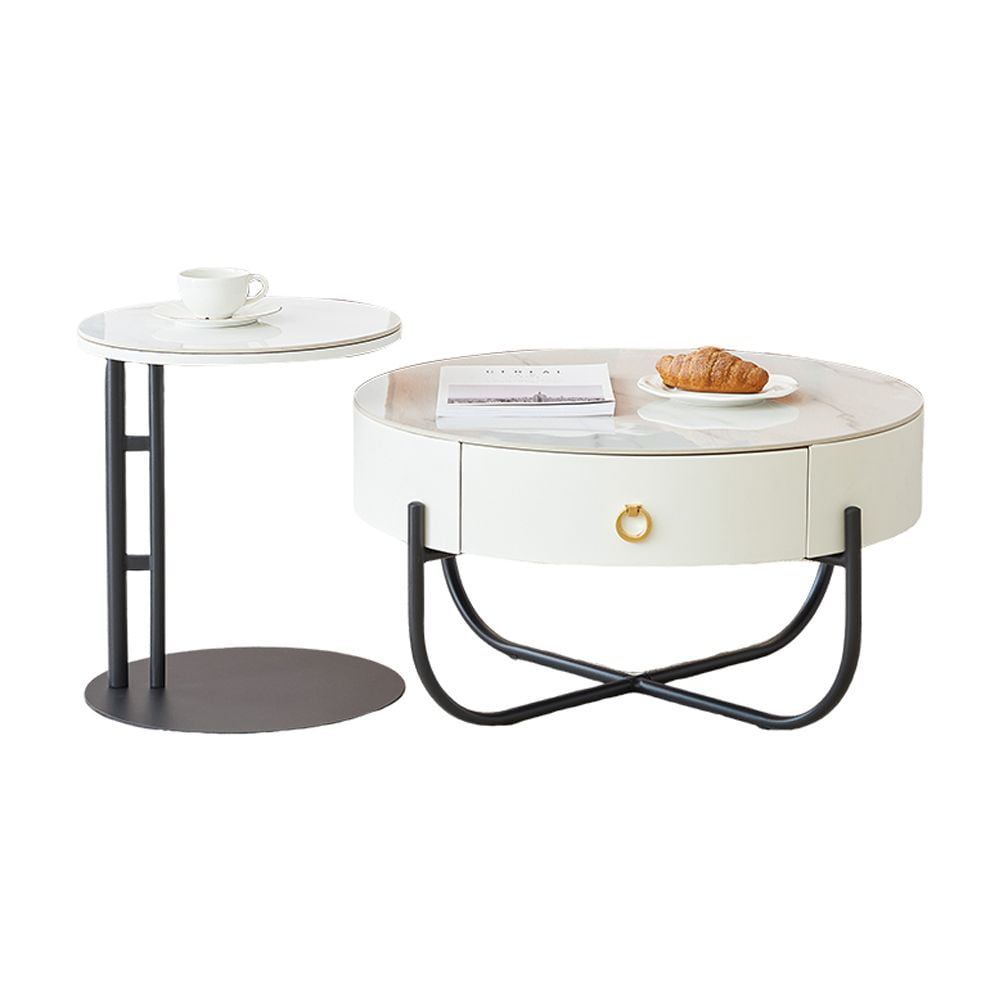 Stacking Stone Table Kselythan Round Coffee Table Set Of 2,With Metal Frame And Drawer ...