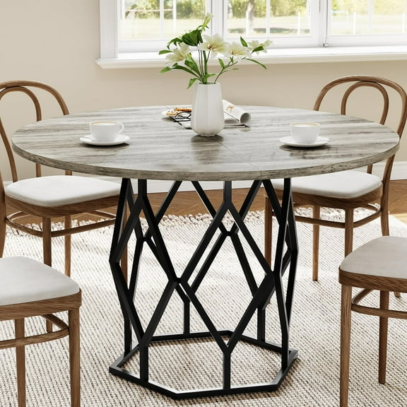 Kselythan Round Dining Table for 4-6 People,47 Inch Farmhouse Kitchen Table,Modern Circle Dinner Table with Metal Base,Industrial Wood Dinning Room Table Coffee Table for Kitchen,Restaurant