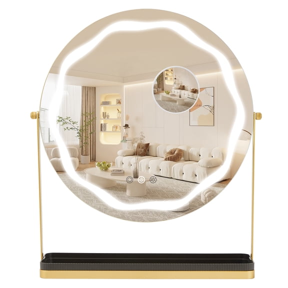 Kselythan Round LED Lighted Vanity Mirror, Smart Touch Control 3 Color Dimmable Lighting, 360° Rotatable with Storage Box, Wall Mount & Desktop Makeup Mirror for Bedroom Dressing Table