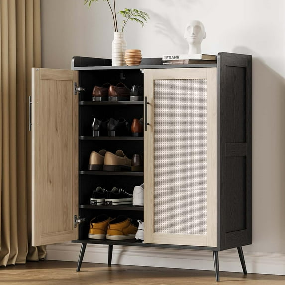 Kselythan Shoe Cabinet,6-Tier Rattan Shoe Cabinet with Doors and Shelves,Farmhouse Shoe Storage Cabinet with 2 Adjustable Shelves and Metal Legs,Freestanding Shoe Rack Organizer for Entryway Hallway