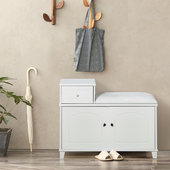 Kselythan Shoe Storage Bench,Shoe Bench W/Padded Seat Cushion,Shoe Storage Cabinet W/Drawers&2 Door,Multifunctional Shoe Cabinet,Wooden Entrance Storage Bench For Door Entrance Hallway,White