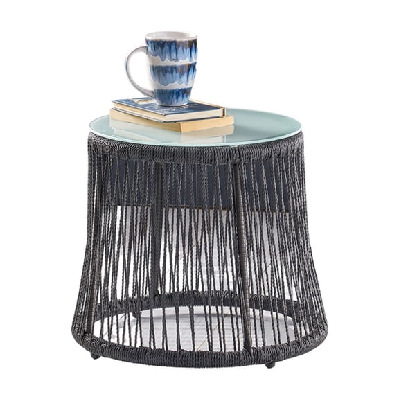 Kselythan Small Woven Rope Side Table,Night Stand With Tempered Glass Top, Iron Frame Coffee Table,Outdoor Side Table, For Living Room Patio Bedroom,Gray