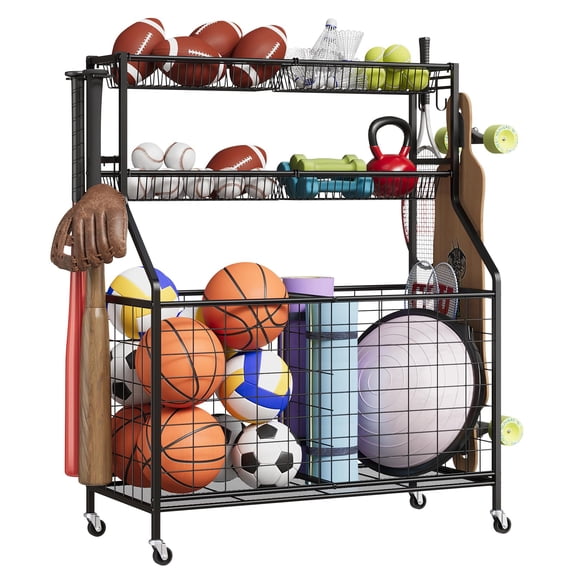 Kselythan Sports Equipment Organizer,Large Capacity Garage Sports Toy Organizer with Hooks and Baskets,Ball Storage Rack,Ball Storage Garage, Rolling Ball Cart with Wheels for Toy and Gear Organizer