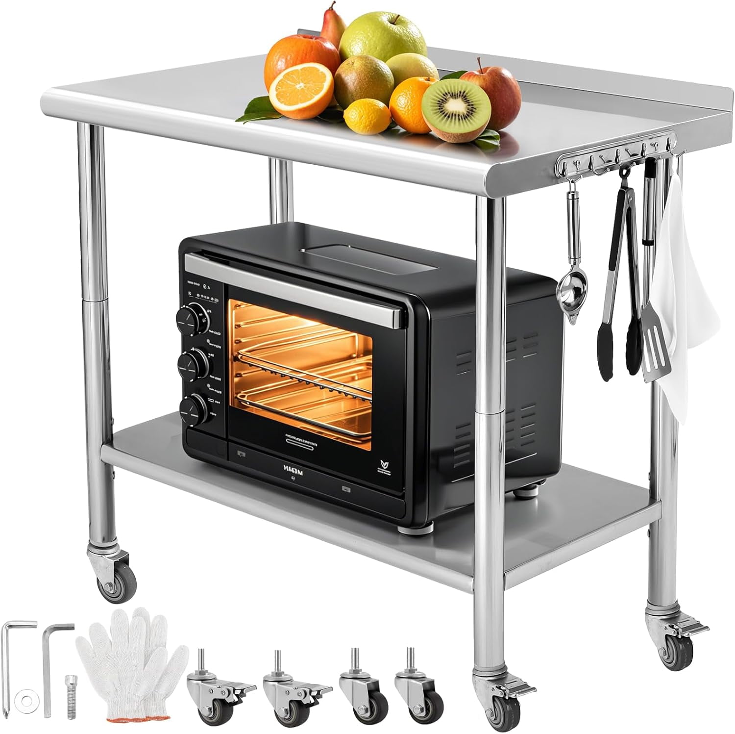 Kselythan Stainless Steel Table,Heavy Duty 2 Tier Worktable with Casters Backsplash Food Preparation Stainless Steel Table,Metal Prep Table for Kitchen Restaurant Commercial Workstation