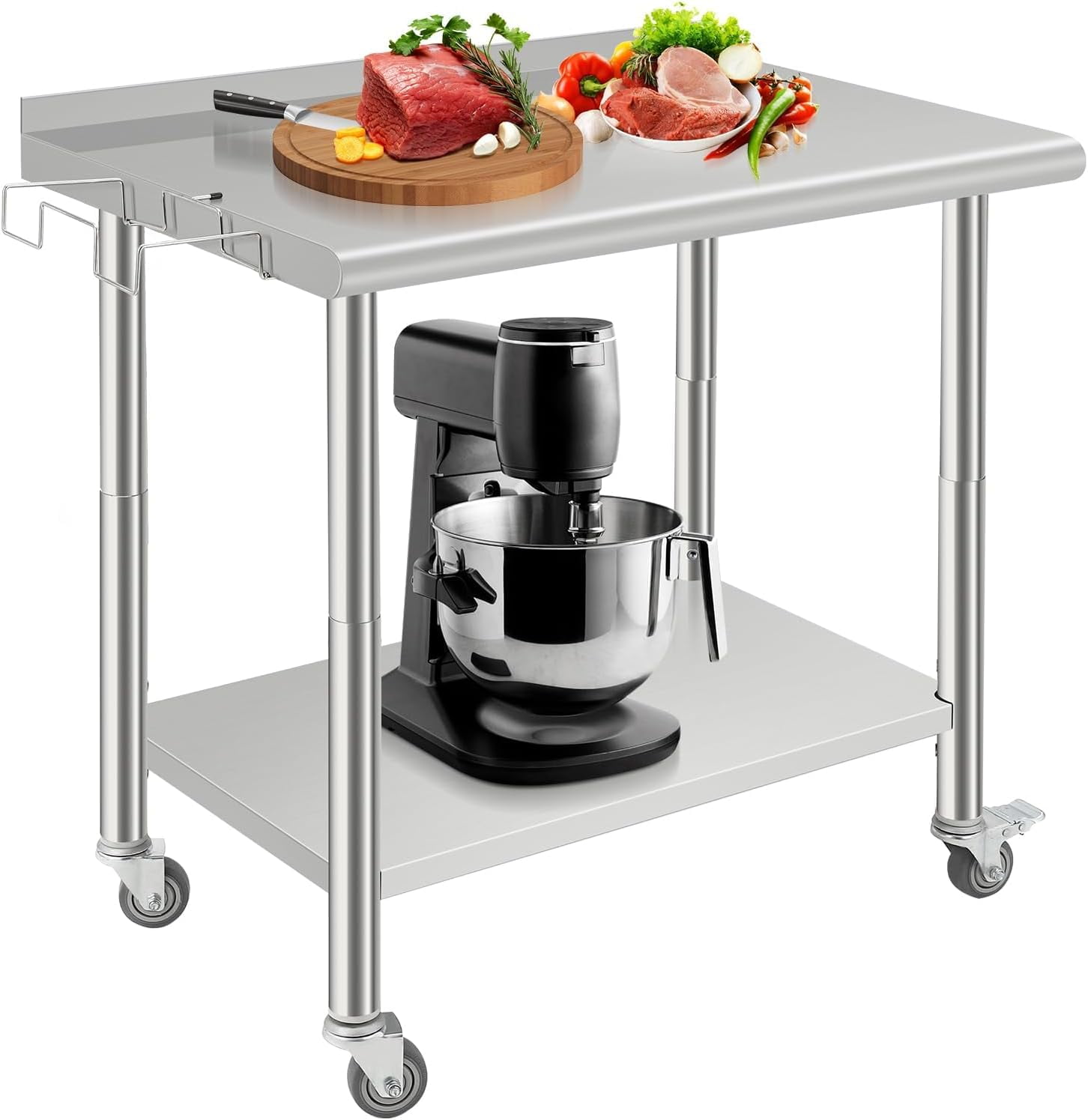 Kselythan Stainless Steel Table,Heavy Duty 2 Tier Worktable with Casters Backsplash Food Preparation Stainless Steel Table,Metal Prep Table for Kitchen Restaurant Commercial Workstation
