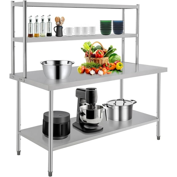 Kselythan Stainless Steel Table with Shelves,Prep Table for Commercial Kitchen Steel Countertop with 2 Adjustable Tier Overshelves Work Table Workbench for Home Restaurant