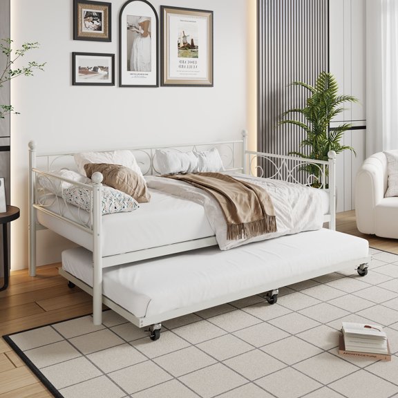 Kselythan Twin DayBed With Trundle,Metal Twin Size DayBed,Space Saving Sofa Bed With Steel Slat Support,Curved Flower Design,No Box Spring Needed For Apartment Home