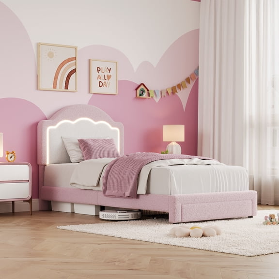Kselythan Twin Platform Bed Frame, Wave Headboard Bed with RGB LED, Soft Boucle Fabric Girl Bed, Sturdy Wood Slats, No Box Spring Needed, Easy Assembly Bedroom Set