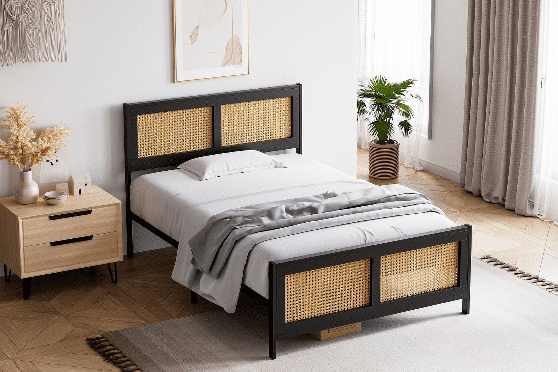 Kselythan Twin Size Bed Frame, With Rattan Headboard Rattan Platform ...