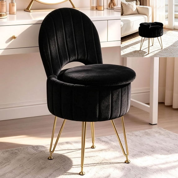 Kselythan Vanity Chair with Storage,Cozy Ottoman with Folding Back Fake ...