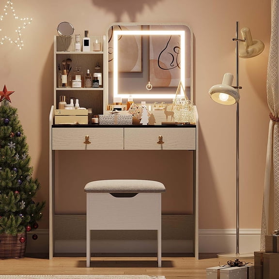 Kselythan Vanity Desk with LED Light Mirror and Charging Station, Makeup Vanity Desk with 2 Drawers,3-Color Lights Adjustable,Makeup Vanities Set,Vanity with Storage Stool,Vanity Dressing Table