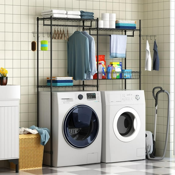 Kselythan Over Washer and Dryer Shelves,57.4" W Heavy Duty Laundry Room Storage Organization Clothes Drying Rack,Height Adjustable Towel Racks with Hamper and Hooks,Space Saving Shelf