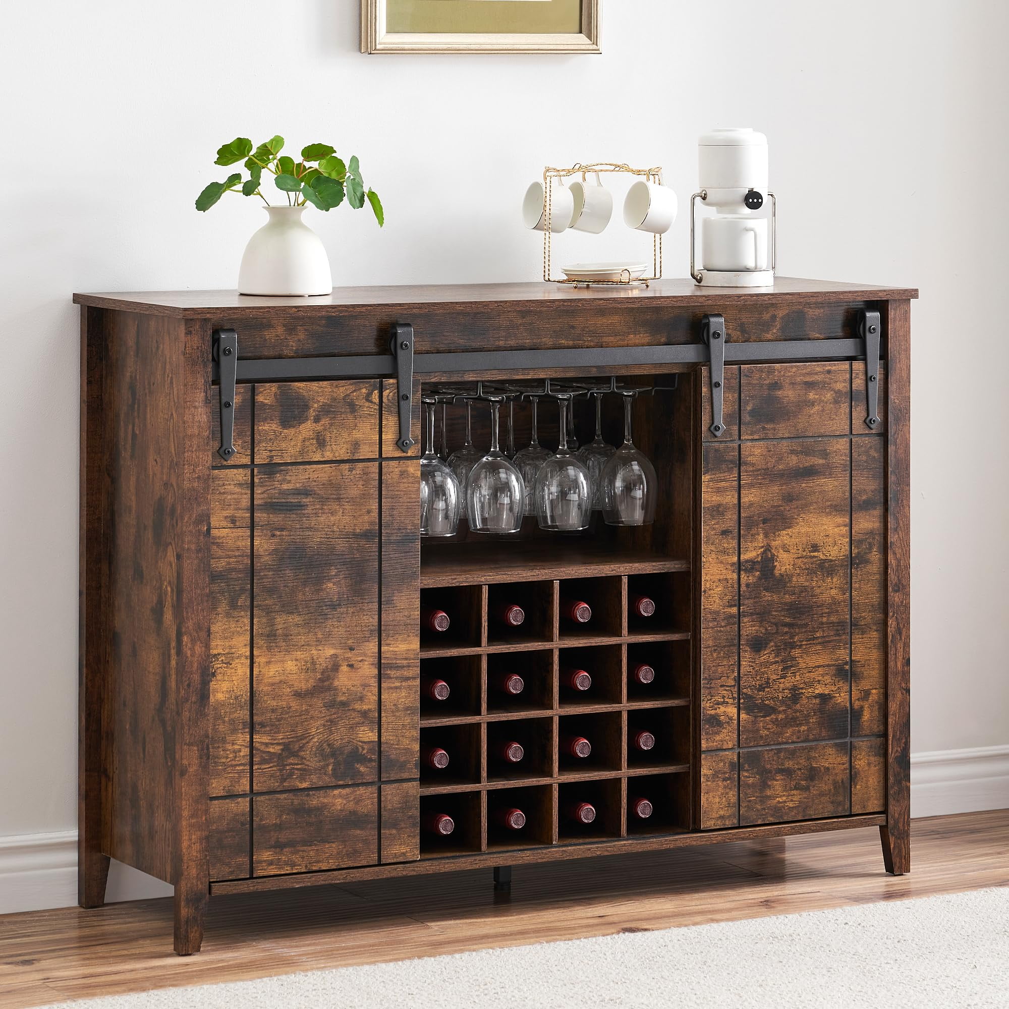 Rustic Brown 47'' Sliding Barn Door Wine Bar Cabinet with Storage