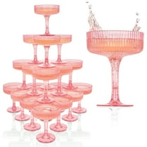 Acrylic Champagne Tower – 20-Piece Stackable Coupe Glass Set - 7 oz, Pink Plastic Champagne Tower for Weddings & Parties