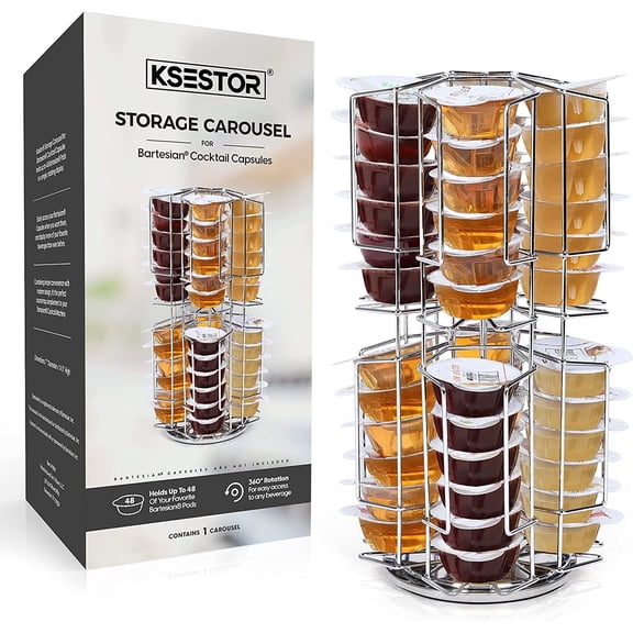 Ksestor Cocktail Pod Holder Carousel, 48 Capsule Storage Organizer, 360 Rotating Metal Stand, Silver
