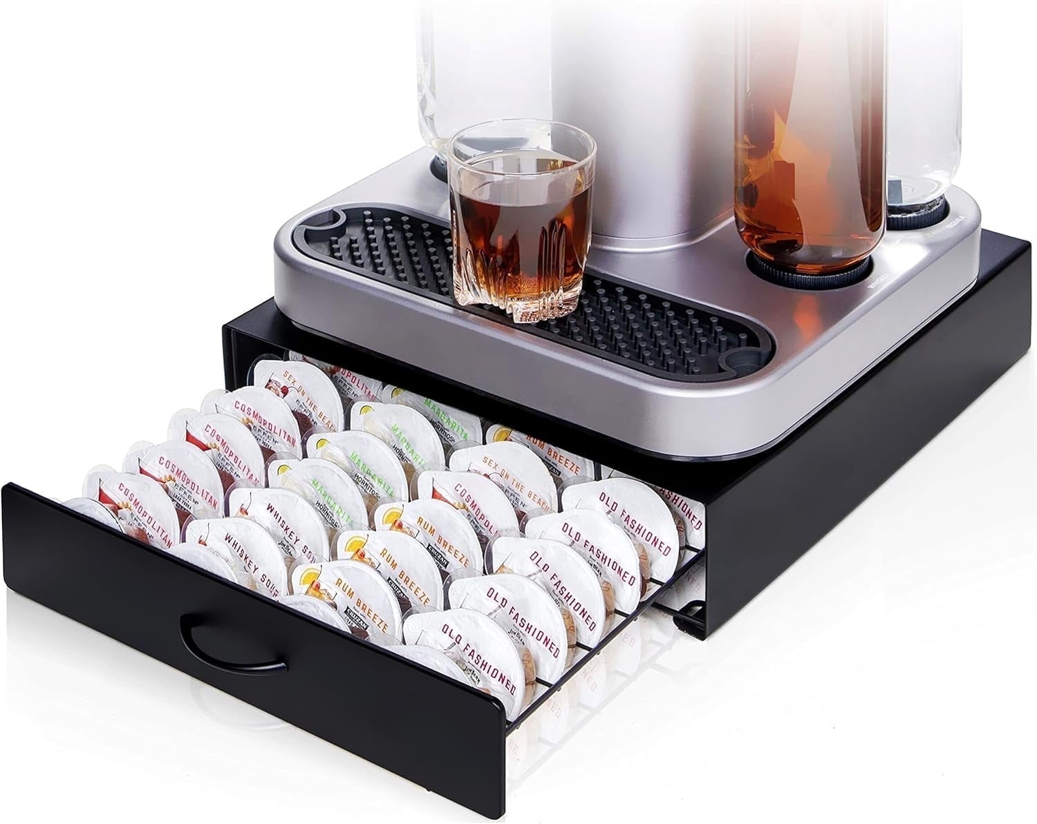Ksestor Bartesian Capsules Organizer, Metal Drawer Holds 40 Cocktail Mixers for Home Bar
