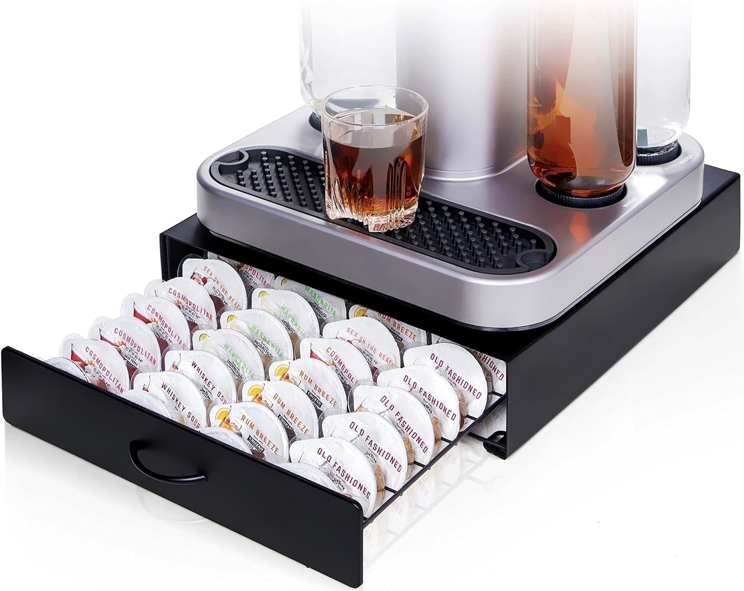 Ksestor Bartesian Capsules Organizer, Metal Drawer Holds 40 Cocktail Mixers for Home Bar
