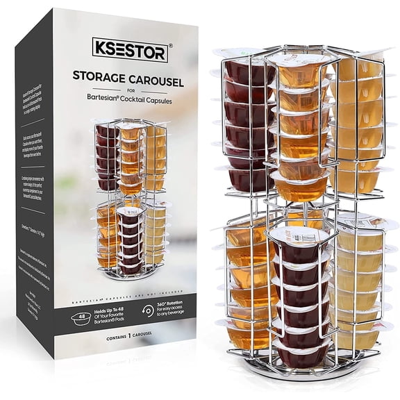 Ksestor Cocktail Pod Holder Carousel, 48 Capsule Storage Organizer, 360 Rotating Metal Stand, Silver