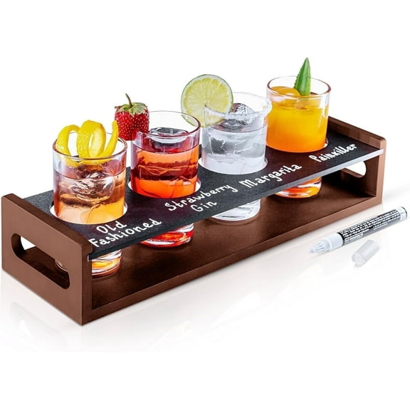 Ksestor Drink Flight Board, Wood Tray with 4 Glasses and Handles, Glassware Set for Tastings