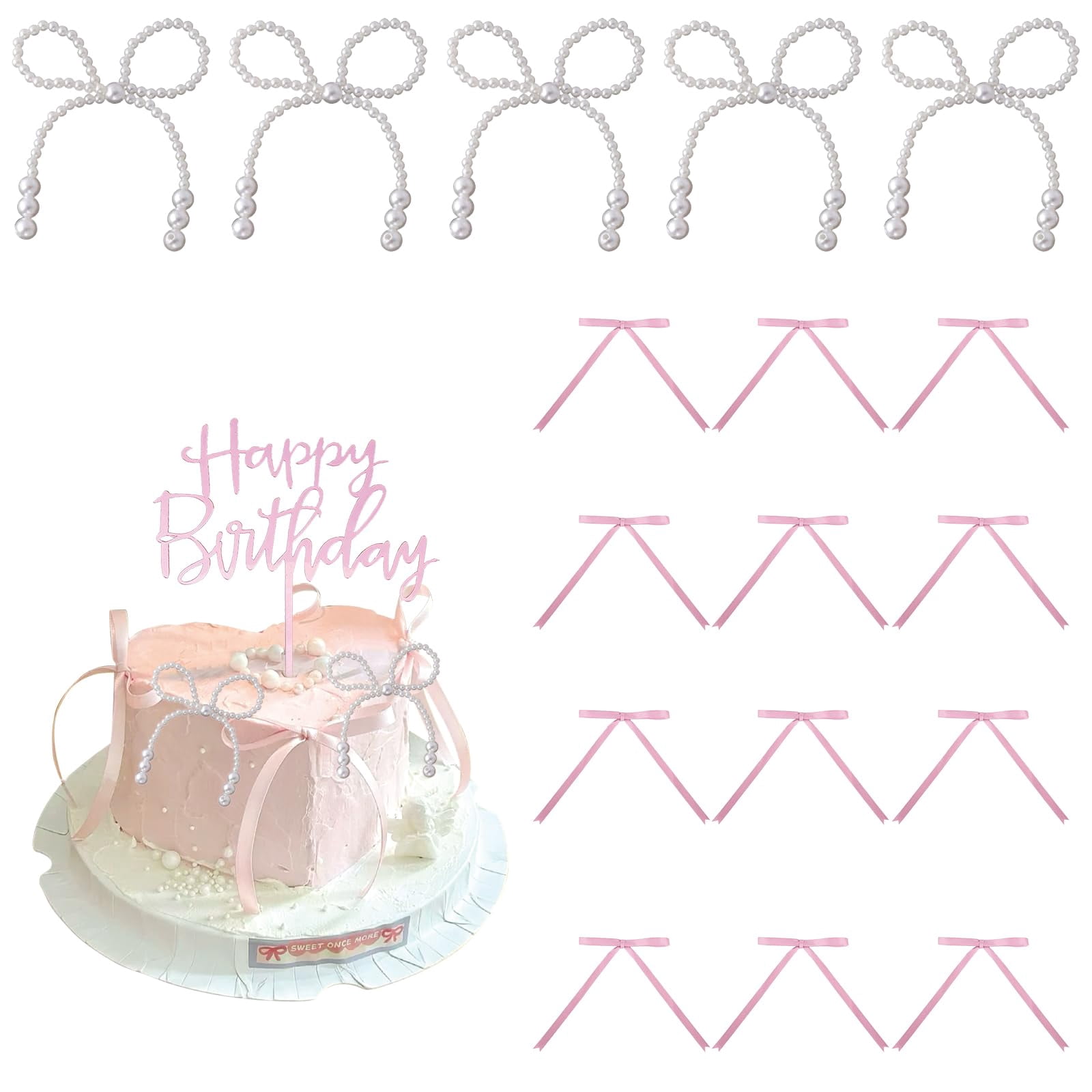 16-Pack Ribbon Bow Cake Toppers - Pearl Bow Party Decorations, Twist Tie Bows For Birthday Cakes & Celebrations