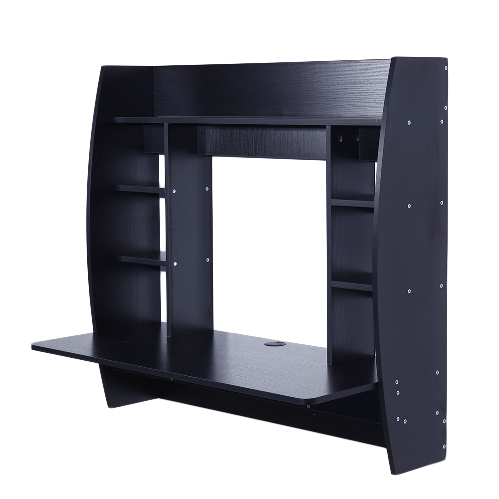 Kshioe Floating Wall Mount Computer Desk With Storage Shelves Black
