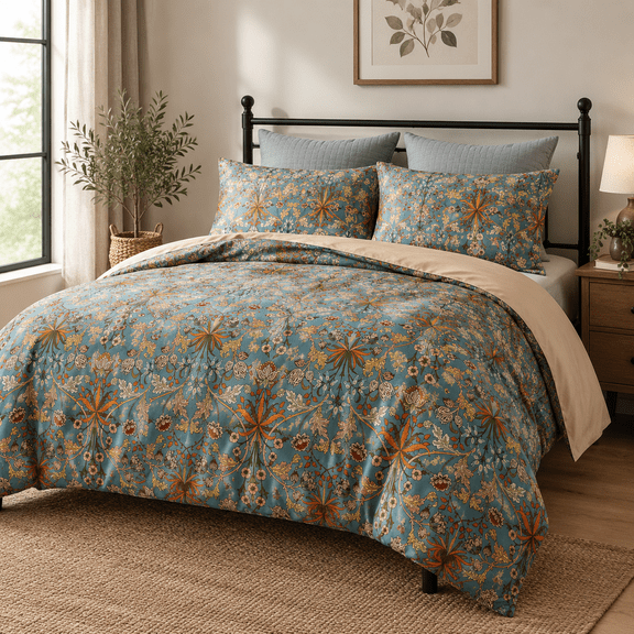 Ksl-Queen Size Floral Boho Bedding Comforter Set, All Season Polyester