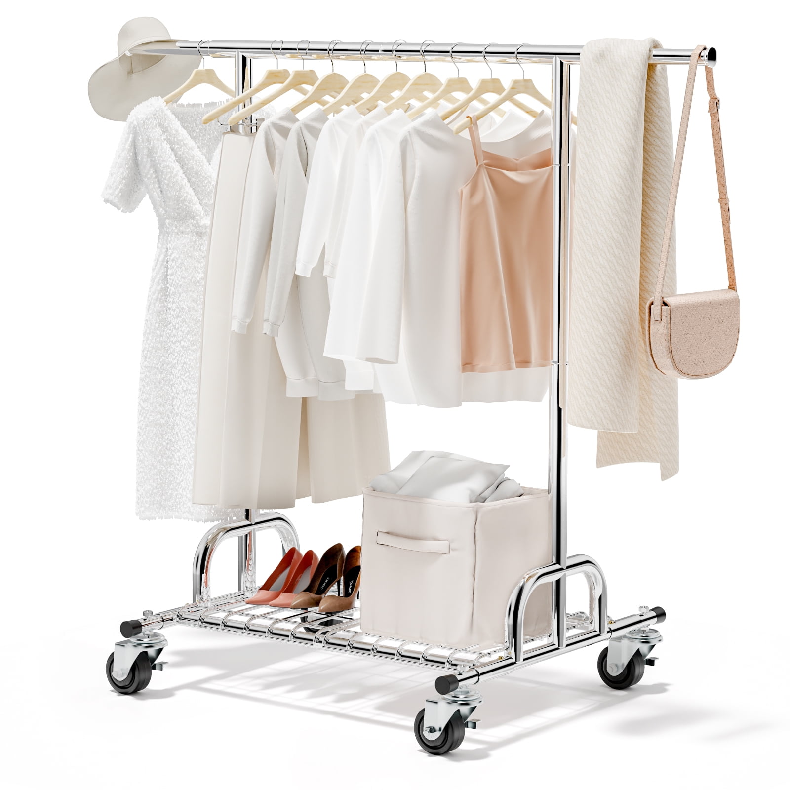 Heavy Duty Expandable Silver Metal Garment Rack with Wheels
