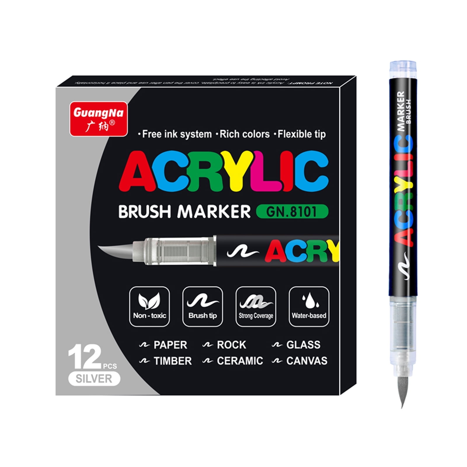 KsopiaVobs Acrylic Paint Pens, Soft Brush Tip Acrylic Paint Markers, 12 Pcs Acrylic Markers Ideal for Canvas, Rock Painting, Wood, Stone, Glass, Ceramic, Fabric Painting, DIY Crafts,Silver