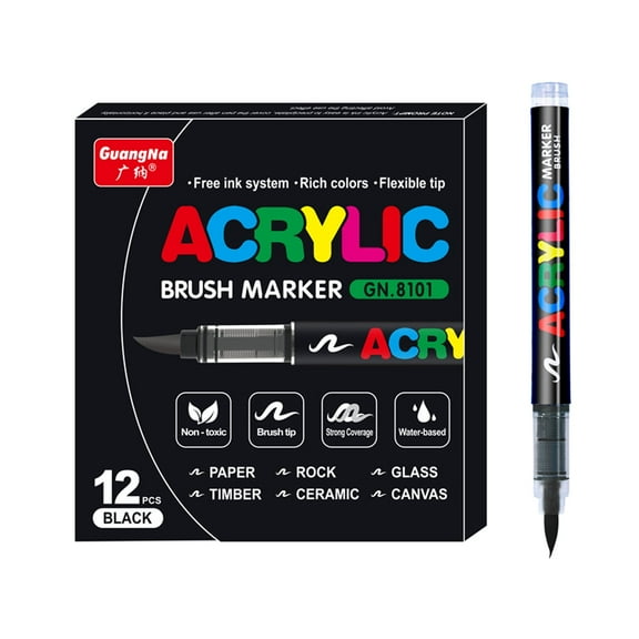 KsopiaVobs Acrylic Paint Pens, Soft Brush Tip Acrylic Paint Markers, 12 Pcs Acrylic Markers Ideal for Canvas, Rock Painting, Wood, Stone, Glass, Ceramic, Fabric Painting, DIY Crafts,Black