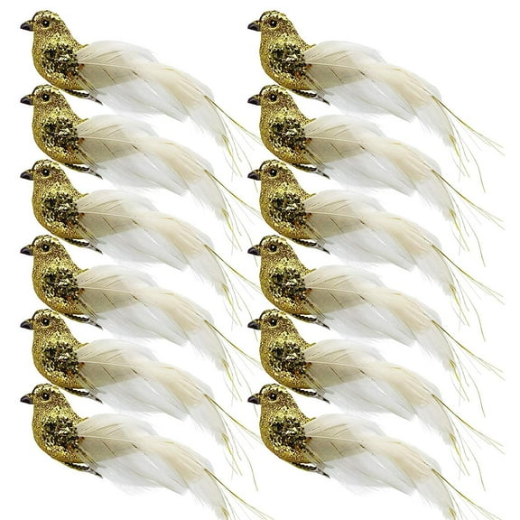 Ksopiavobs 12pcs Gold Glitter Artificial Birds Sequin Clip on Bird Ornaments for Christmas Tree Decorations Wedding Wreath Crafts