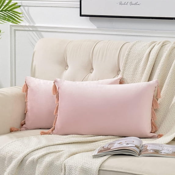 Ksopiavobs 2 Pack Blush Pink Lumbar Decorative Throw Pillow Covers 12x20 Inch with Tassels for Living Room Couch Bedroom, Soft Velvet Solid Rectangle Cushion Case 30x50 cm, Boho Home Decor