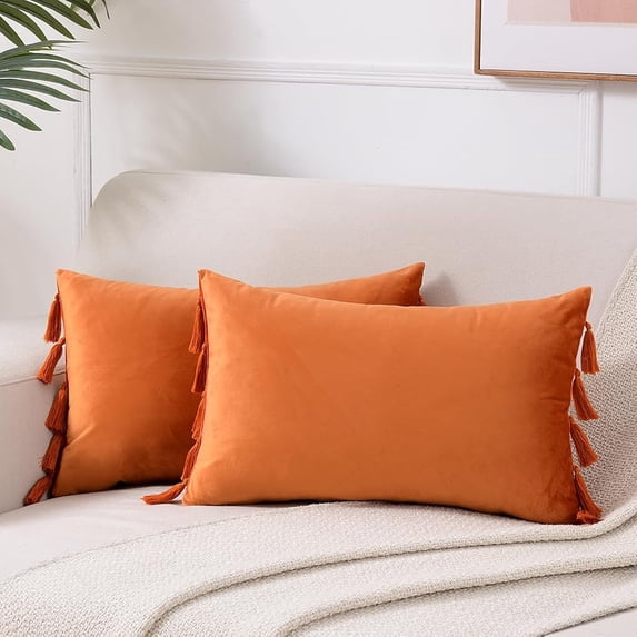 Ksopiavobs 2 Pack Fall Orange Lumbar Decorative Throw Pillow Covers 12x20 Inch with Tassels for Living Room Couch Bedroom, Soft Velvet Solid Rectangle Cushion Case 30x50 cm, Boho Home Decor