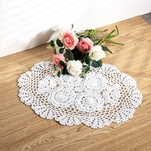 Ksopiavobs 2-Pieces Handmade Cotton Crochet Doilies Oval Lace Table Crochet Placemats 12 x17inch, White