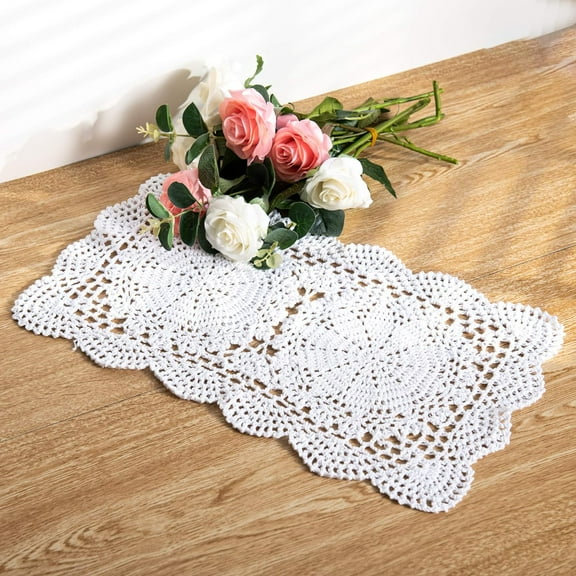 Ksopiavobs 2-Pieces Handmade Cotton Crochet Doilies Rectangle Lace Table Crochet Placemats 10.6x16.9 Inch (White)