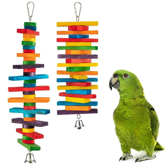 Ksopiavobs 2Pcs Bird Toys - Parrot Toys with Multicolored Natural Wooden Blocks, Bird Chewing Sticks Toys for Conures Parakeets Cockatiels Lovebirds African Grey Macaws Amazon Parrots Gift