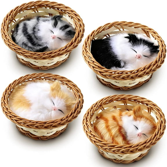 Ksopiavobs 4 Pcs Sleeping Cat in Basket Doll Toy Lovely Mini Kitten in Woven Basket Realistic Fake Cat Fluffy Hand Toy Gift Plush Stuffed Cat Toy Decor with Meows Sounds for Office Desk Boys Girls